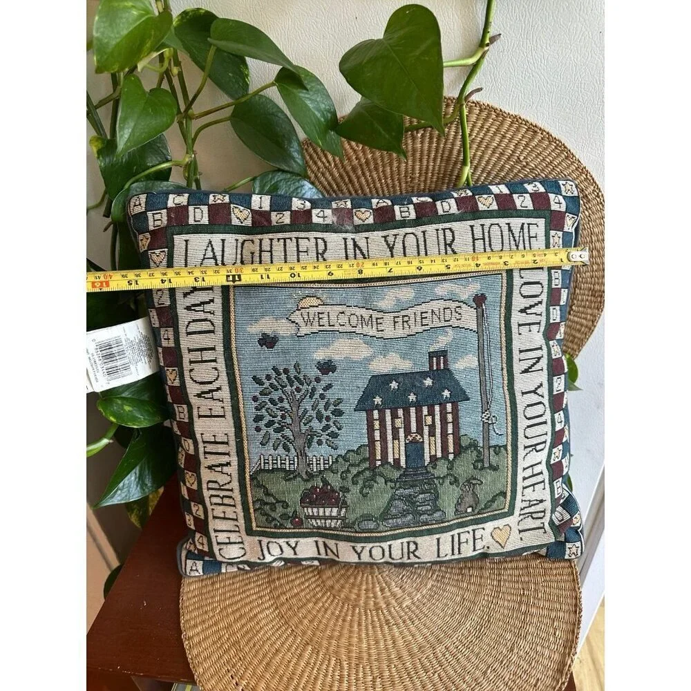 Vintage welcome, friends embroidered throw pillow